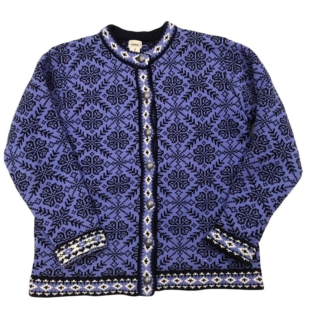 Vtg LL Bean Women Medium Purple Black Metal Button Fair Isle Snowflake Cardigan